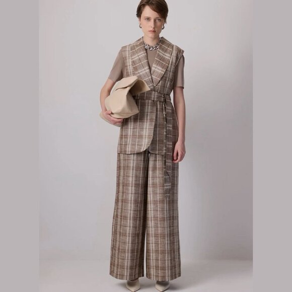 Touché Privé Two-Piece Suit Plaid 100% Linen Belted Vest & Wide-Leg Pants Size M - Picture 1 of 7